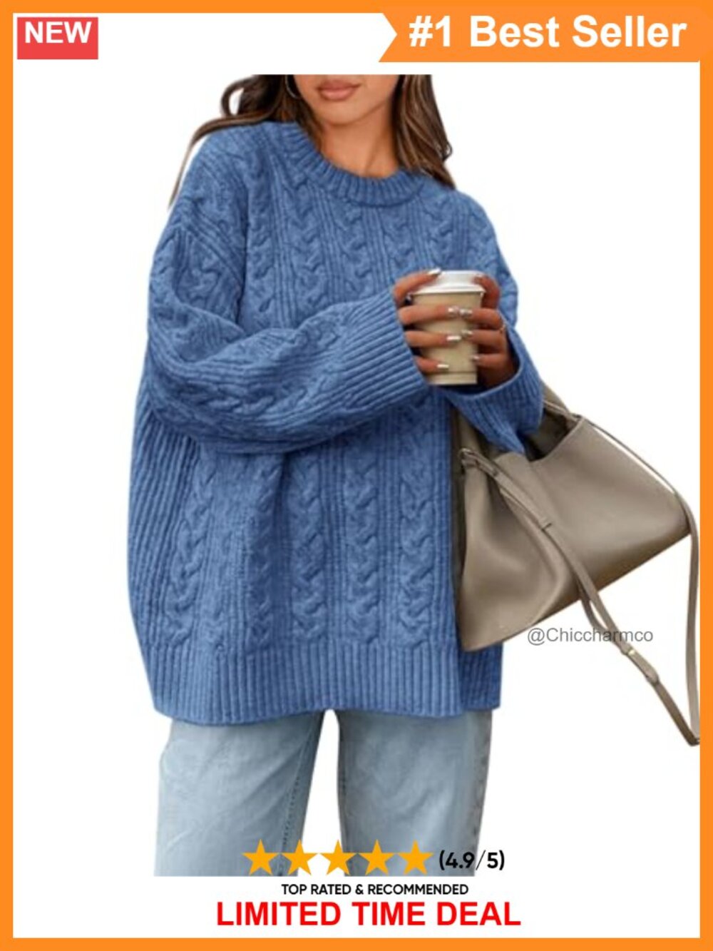 Oversized Cable Knit Crewneck Pullover Sweater Soft Knitted Long Sleeve